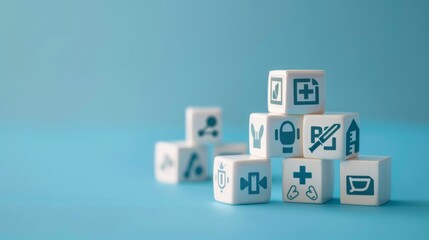 A conceptual image featuring white cubes arranged neatly, each bearing icons that represent the pillars of Health, Safety, Environment