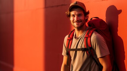 Fototapeta na wymiar Adventurous Explorer A 27-Year-Old Traveler Poses with Backpack