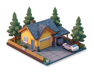 Isometric 3d style house isolated from white or transparent background