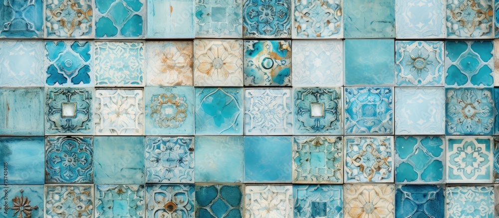 Poster the facade of the building is adorned with a beautiful pattern of azure rectangle and circle tiles i