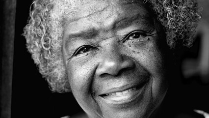 Happy South American Elderly Lady of African descent smiling at camera in Black and White....