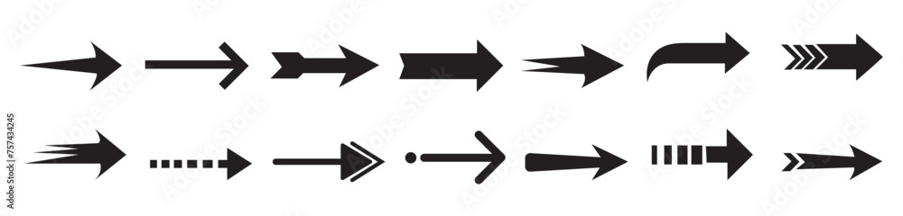 Poster arrows icons set, modern simple flat black vector pointer signs. arrow icon set for forward click bu