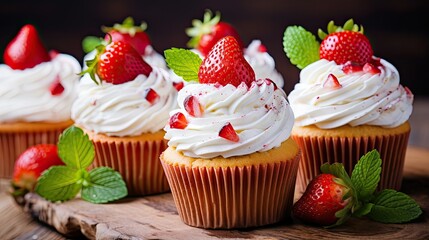 the delightful sight of strawberry cupcakes adorned with luscious whipped cream and garnished with fresh ripe strawberries