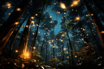 Night forest lit up by countless fireflies creating a magical atmosphere - obrazy, fototapety, plakaty