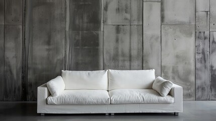 White sofa against concrete paneling wall