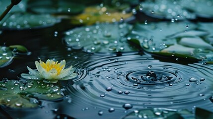 Naklejka na ściany i meble A tranquil scene of raindrops creating ripples on the surface of water