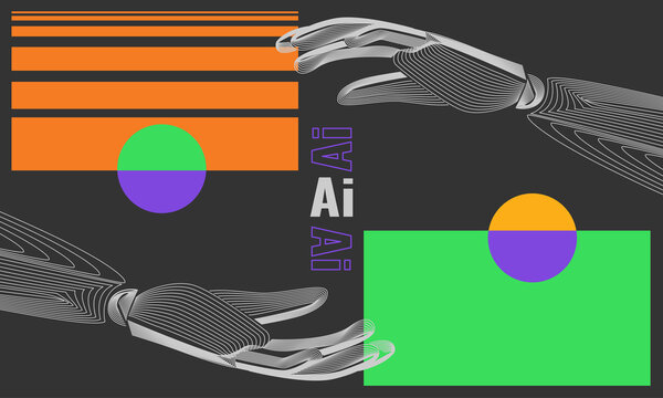 Web banner or landing page design with robot hands.Symbol of computer neural networks or artificial intelligence in neon vibrant colors.Neo brutalism style.Raster 300ppi