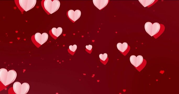Animation of red and pink hearts advancing over red hearts on dark red background
