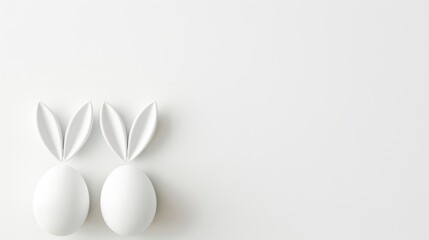 two white eggs with rabbit ears on the side,  isolated on white background, top view, easter concept, minimalism, simple shapes, horizontal banner or card, copy space for text , easter bunny