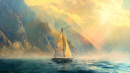 A serene evening at sea, with a sailboat gliding under the golden sunlight