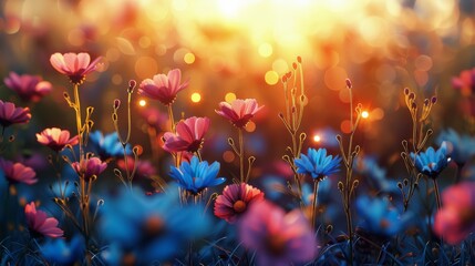 Field of Blue and Pink Flowers - obrazy, fototapety, plakaty