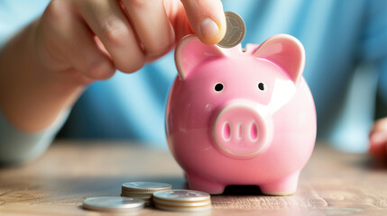 Man putting a coin into a pink piggy bank concept for savings and finance