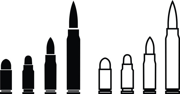 bullets set in vintage monochrome style. Design element for logo, label, sign, emblem, poster. suitable for UI designs, isolated on transparent background, Weapon ammo types and size in flat style.