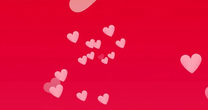 Animation of pink hearts multiplying and rising over red background