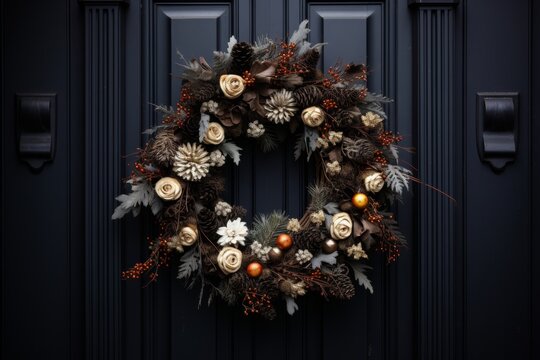 eco dry flowers and conifer christmas wreath on black front door of suburban house closeup. Sustainable xmas home decor. 