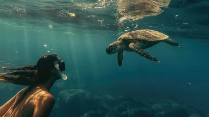 Fotobehang Sea turtle swimming underwater with woman in snorkeling mask. Snorkeling concept  © Petrova-Apostolova