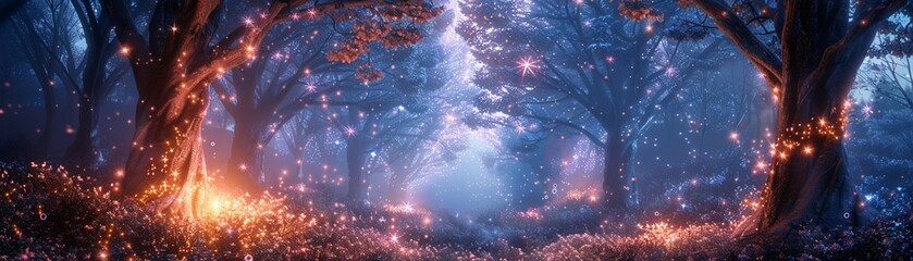 A sparkling celestial dance in a dreamy otherworldly forest