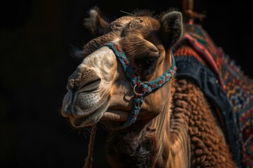 Camel farm animal profile with ornate bridle and saddle in close-up