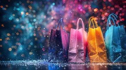 Fotobehang Row of Colorful Shopping Bags Hanging on Wall © yganko