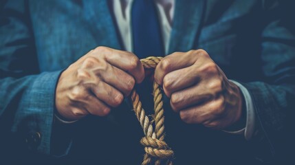 A businessman tying a tight knot in a rope, symbolizing commitment and determination.