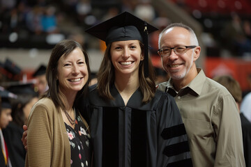 Happy graduate taking a photo with her parent at graduation