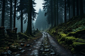 a dirt road in the middle of a dark forest