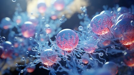 A vivid 3D closeup of cybernetic bacteria illustrating the intersection of biology and cuttingedge technology