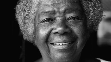 One happy black elderly senior woman with wrinkles and gray hair smiling at camera. Portrait of a...
