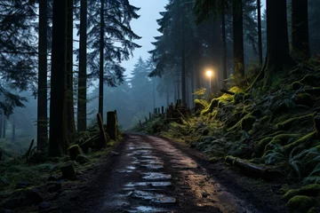 Foto op Canvas A dirt thoroughfare amidst a forest with a lone light by the side © JackDong