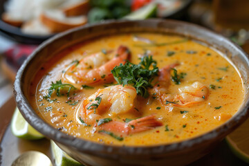 Thai coconut shrimp soup in a bowl, close-up