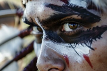 Close-up of Sioux warrior with traditional face paint and intense eyes shows Native American culture and heritage