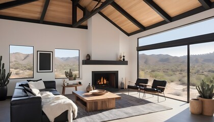 Obraz premium beautiful modern living room with fireplace and black and white decor