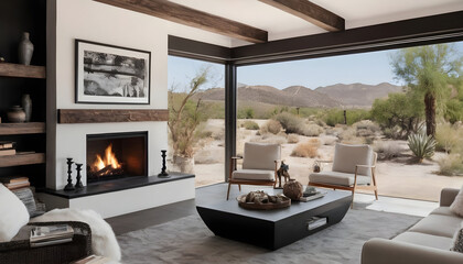 beautiful modern living room with fireplace and black and white decor