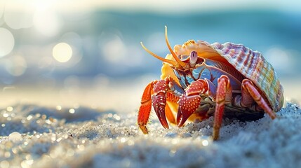 Curious Hermit Crab exploring a sandy beach home in a colorful shell - obrazy, fototapety, plakaty