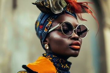 Portrait of a model in vibrant African fashion with sunglasses and a colorful headwrap