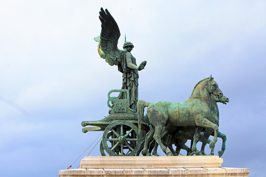 Rome, Italy, 23-02-24. The winged victory and Quadriga chariot with four horses, it is a UNESCO world heritage site located on Altar of the Fatherlands
