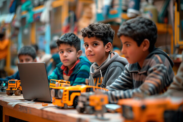 Schoolboys with laptop in robotics class