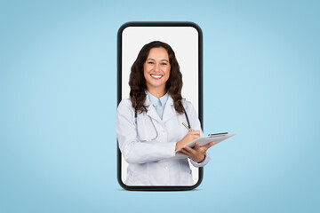 Cheerful young doctor woman with stethoscope and clipboard writing prescription to patient, huge...