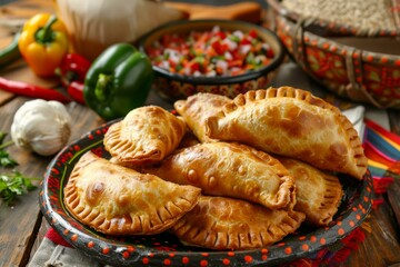 Savory Empanadas with traditional Latin stuffed pastry on a rustic kitchen table