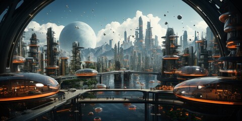 a view of a futuristic city from a spaceship window