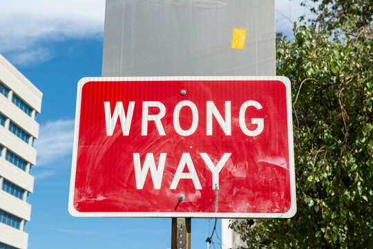 Red and White traffic sign - "Wrong Way" seen in Tucson AZ