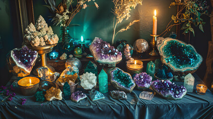 A mystical and sublime Crystal shop with precious stones, dried flowers, and candles in moody lighting. A variety of crystals are on the table including; Alexandrite, Peridot, Beryl, Moldavite. - obrazy, fototapety, plakaty