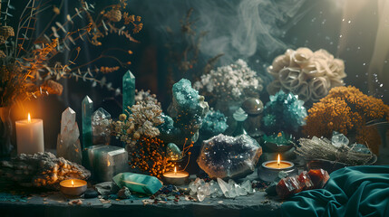 A mystical and sublime Crystal shop with precious stones, dried flowers, and candles in moody lighting. A variety of crystals are on the table including; Alexandrite, Peridot, Beryl, Moldavite.