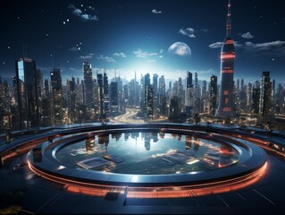 Skyline with futuristic skyscrapers and a circular platform in the foreground - obrazy, fototapety, plakaty