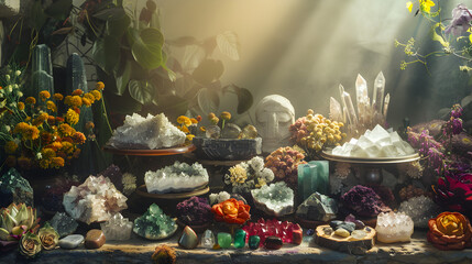 A mystical and sublime Crystal shop with precious stones, dried flowers, and candles in moody lighting. A variety of crystals are on the table including; Alexandrite, Peridot, Beryl, Moldavite. - obrazy, fototapety, plakaty