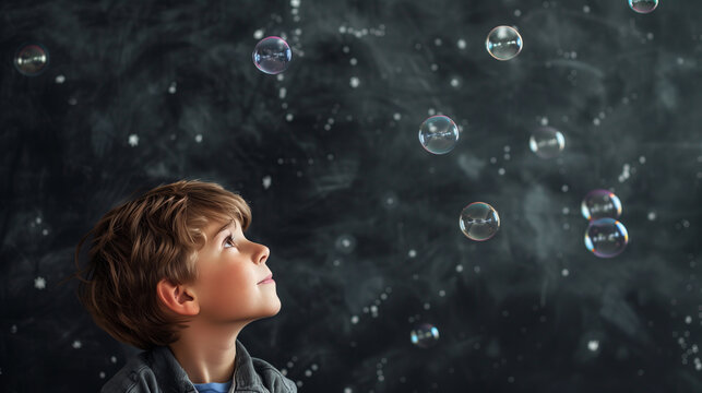 Kids Education, Child Boy Study in School, Thinking or Dreaming over Bubble on Black Chalkboard