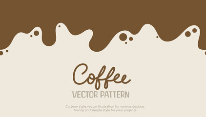 Liquid coffee background. Flat style dripping coffee flat style vector illustration. Dark espresso coffee, cocoa or hot chocolate liquid with drops and splashes. Simple cartoon coffee spill. 