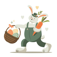 Cute Easter bunnies with basket and easter eggs. Happy Easter card design
