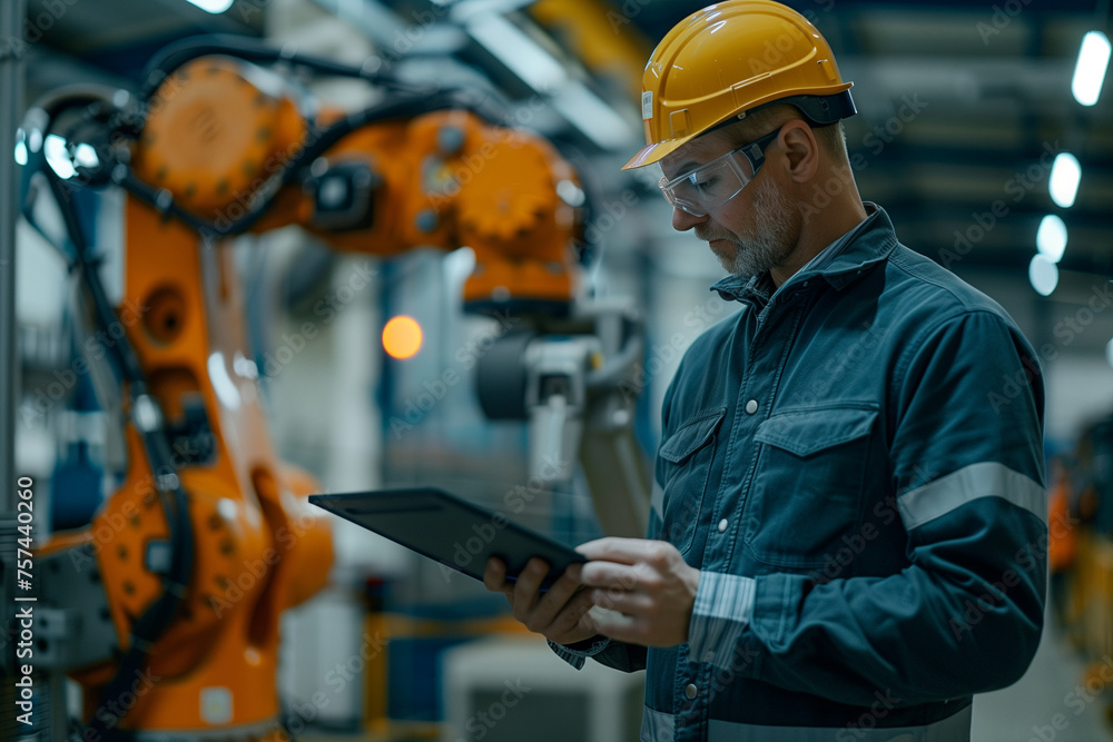 Poster Engineer with tablet pc operating robotic arm in factory