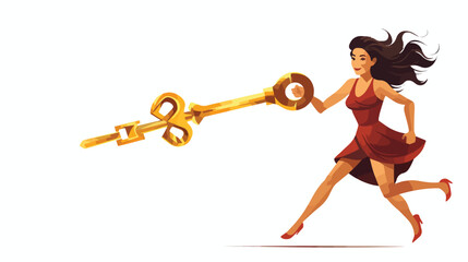 cartoon woman running with a giant gold key flat vector